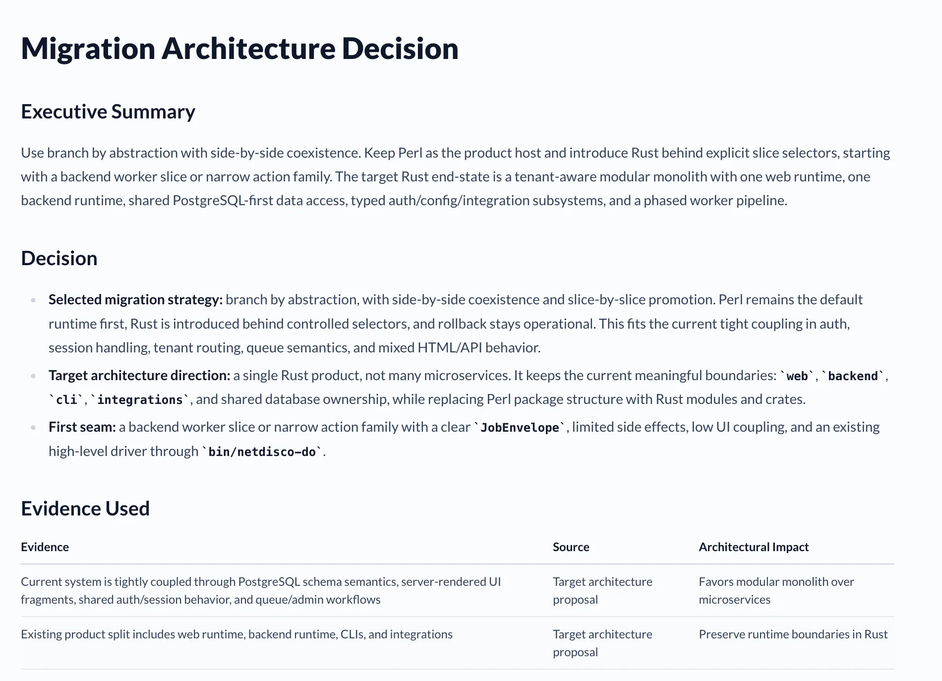 Migration Architecture Decision selecting branch by abstraction, side-by-side coexistence, slice-by-slice promotion, and a backend worker as the first seam.