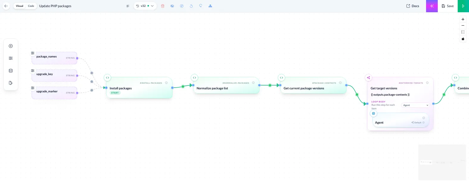 Bosun package-upgrade workflow normalizing package inputs, reading current versions, and dispatching agents to determine safe target versions.