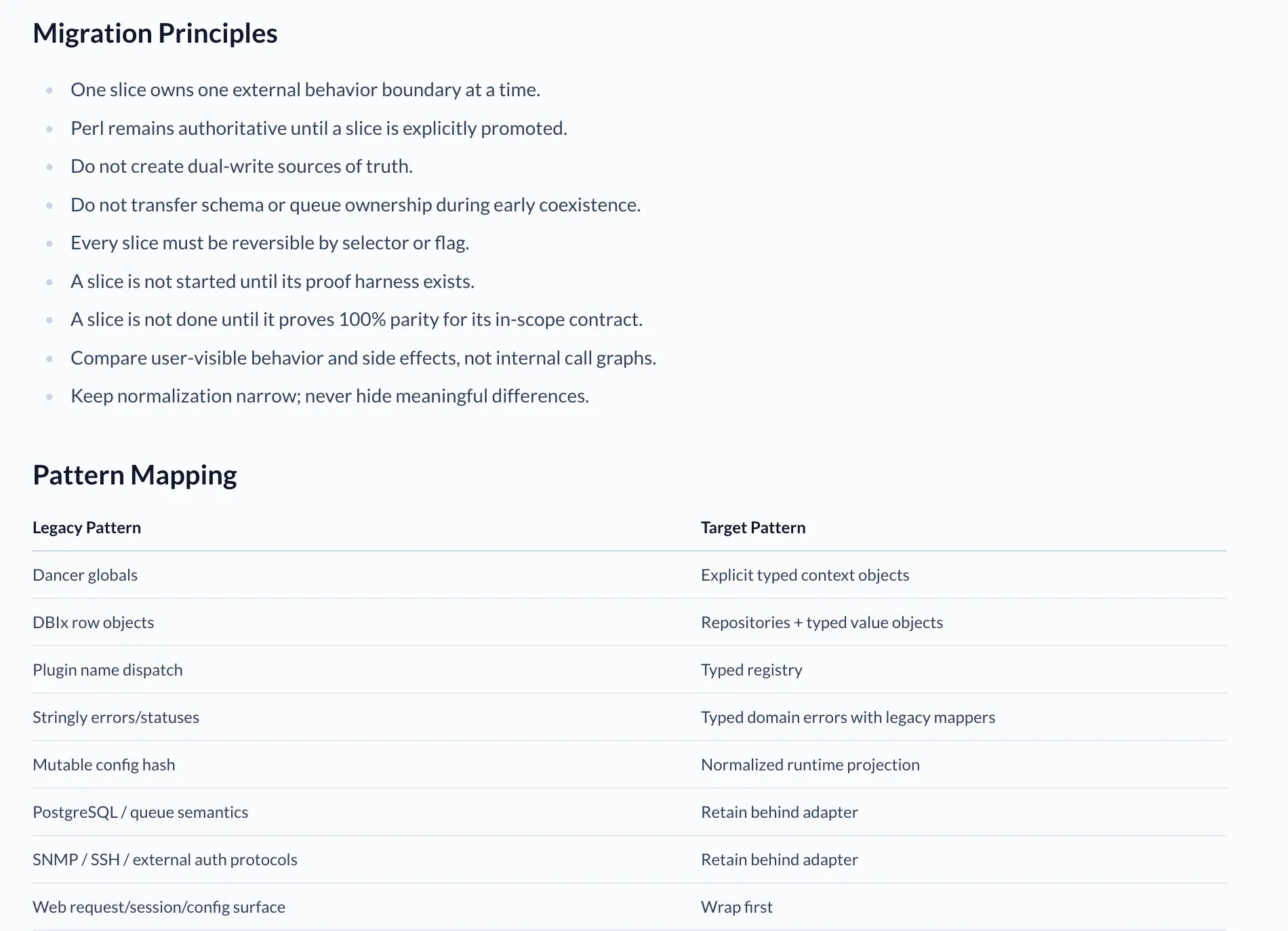 Migration Guide listing proof-first slice principles and mappings from Dancer globals, DBIx rows, plugin dispatch, and string errors to typed Rust patterns.