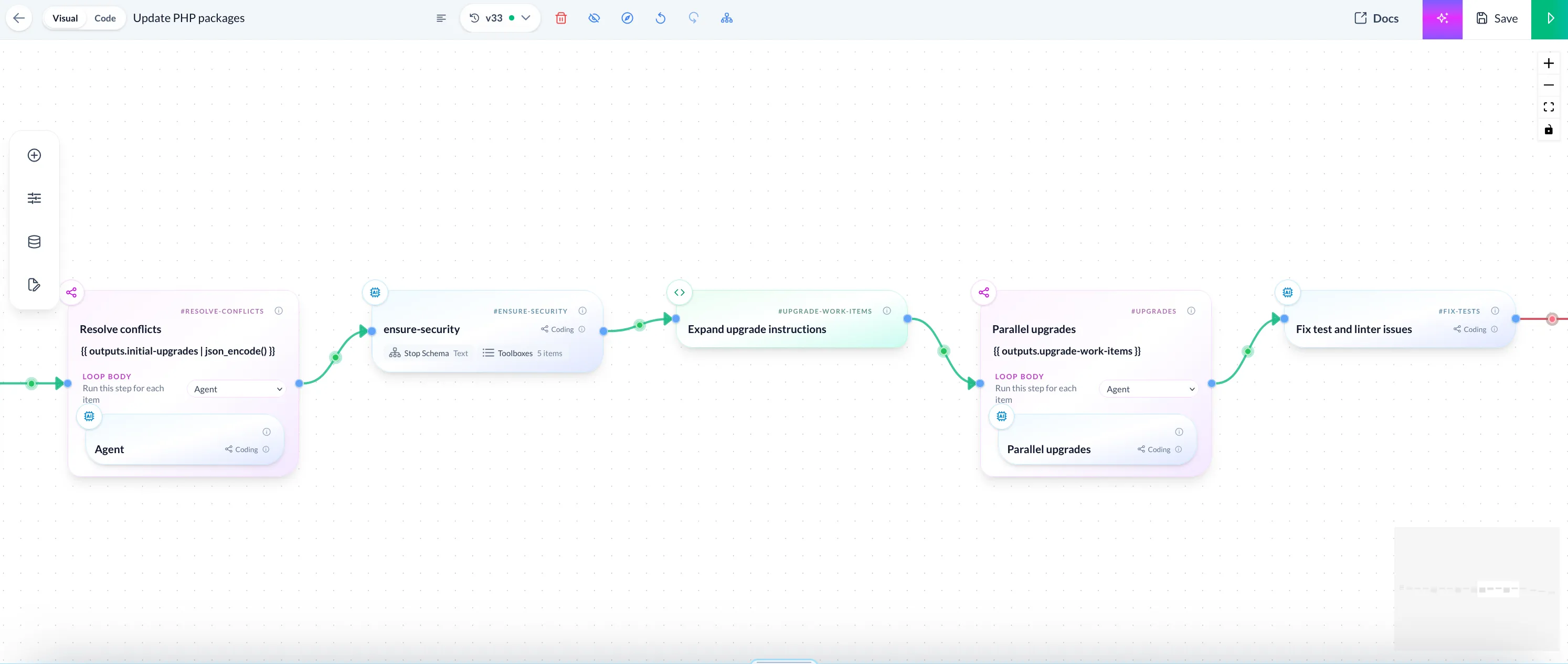 Bosun workflow resolving conflicts, checking security, expanding upgrade instructions, running upgrades in parallel, and fixing test and linter issues.