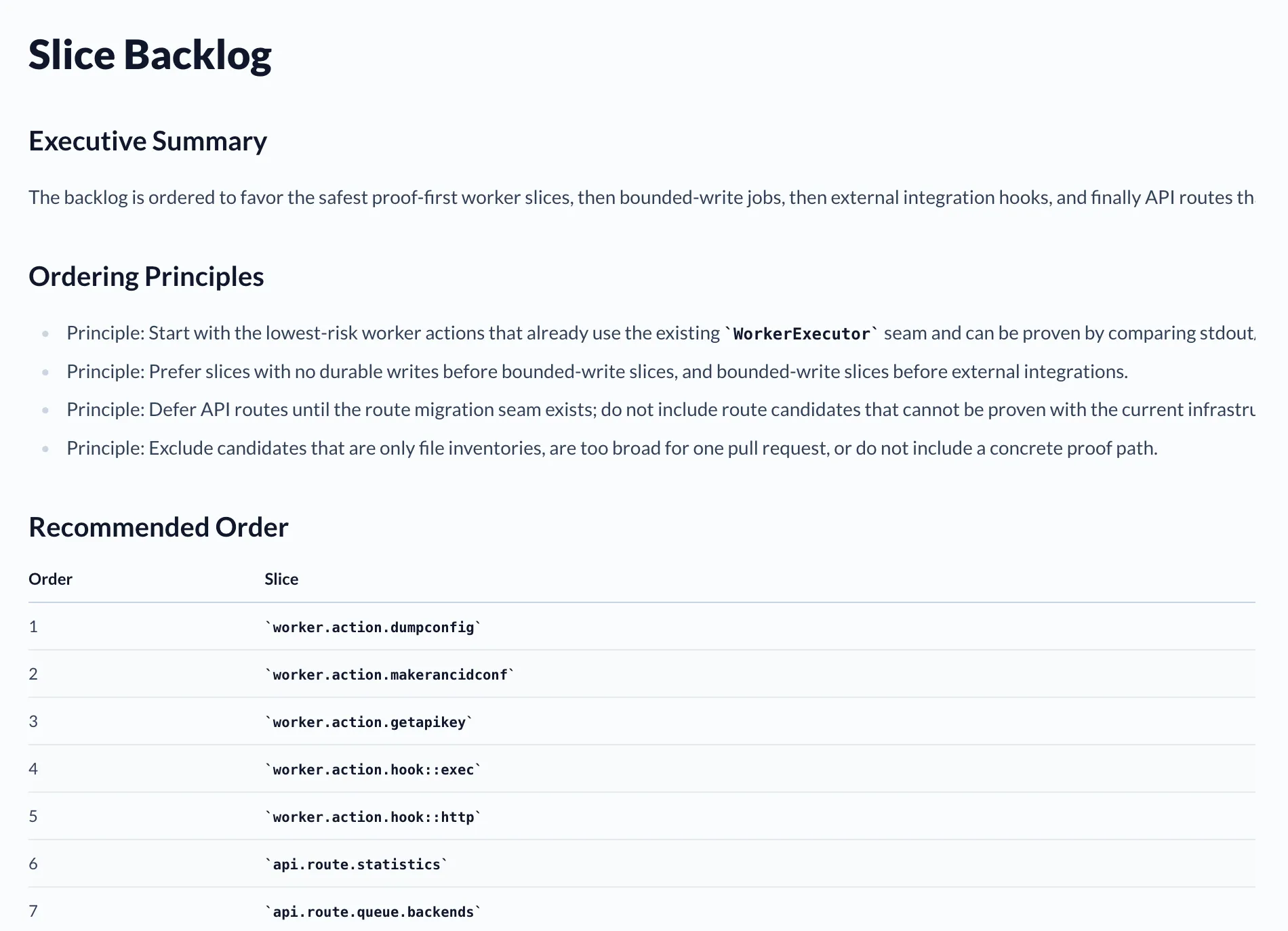 Slice Backlog ordering dumpconfig, makerancidconf, getapikey, external hooks, and API routes using proof-first migration principles.