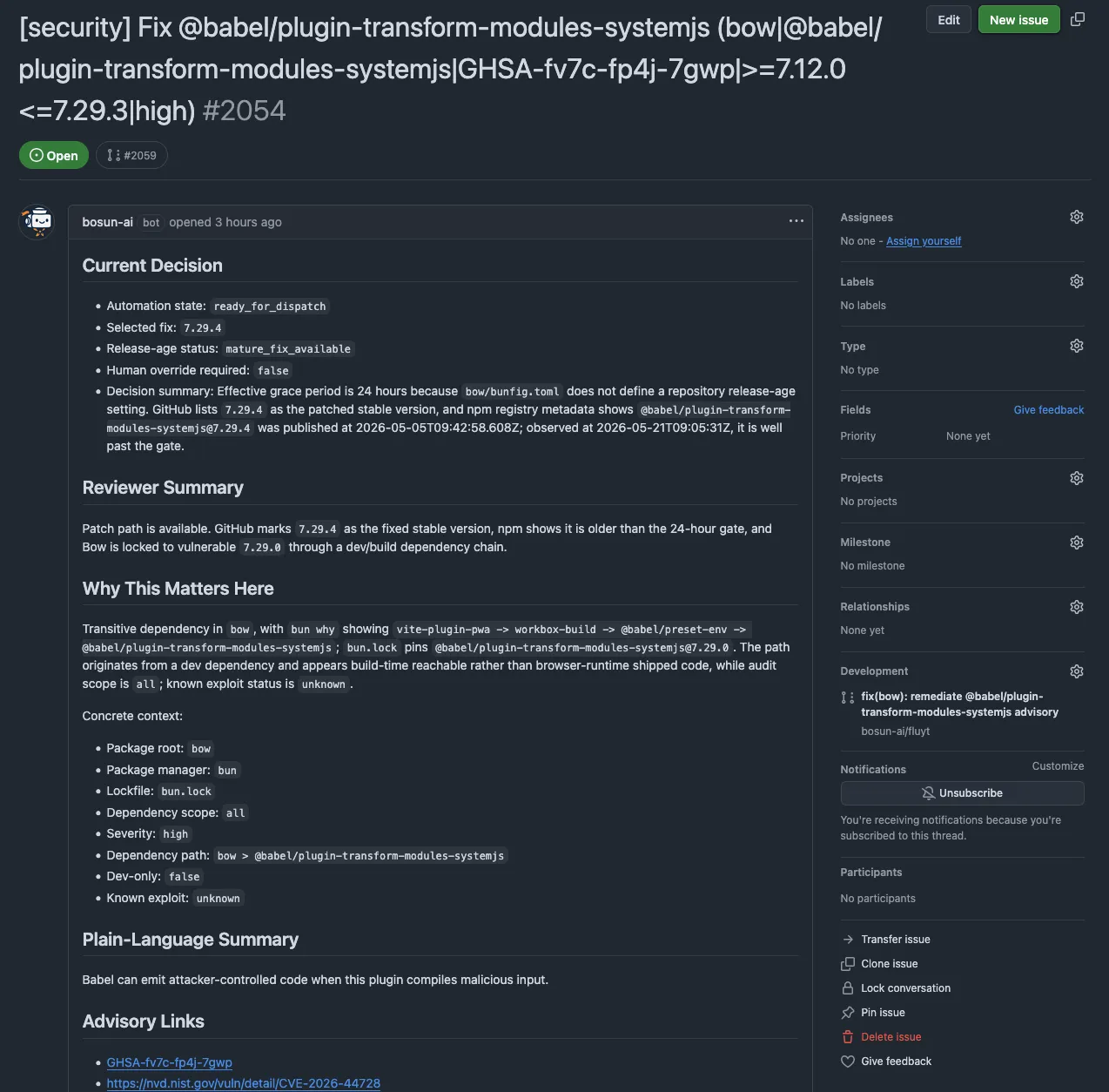 Bosun CVE issue example showing linked advisories, impact explanation, policy decision, and next action.
