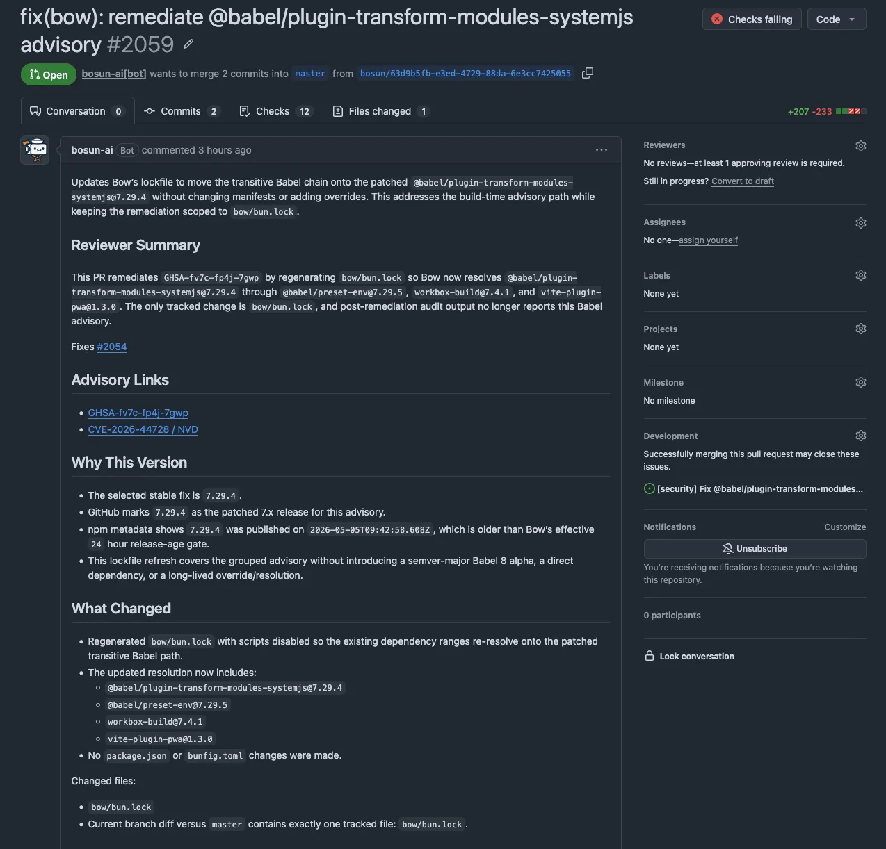 Bosun CVE pull request example showing advisory links, package change, verification proof, and reviewer notes.