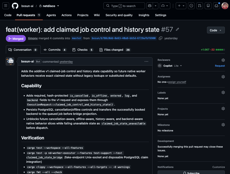A merged pull request opened by bosun-ai, covering 26 files with passing checks and the verification commands the agent ran.