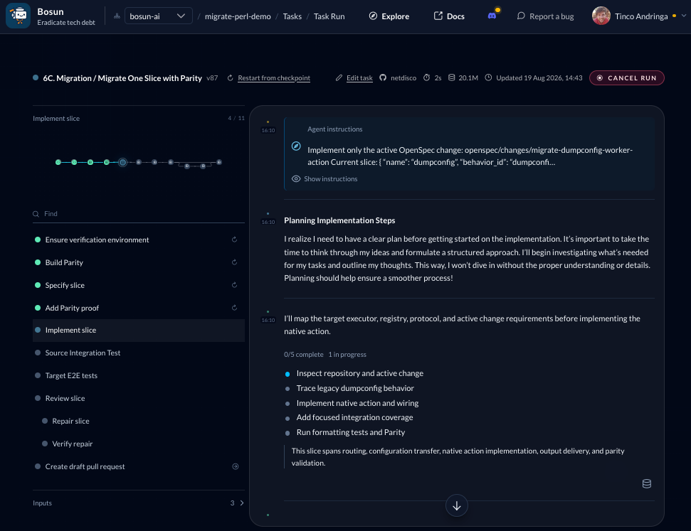 A Bosun task run part-way through an eleven-step migration slice, with the completed steps, the agent’s plan, and the run metadata visible.