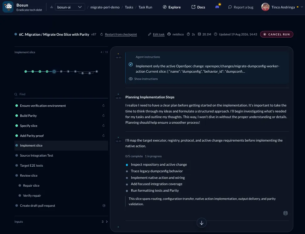 A Bosun task run part-way through an eleven-step migration slice, with completed steps, the agent’s plan, and run metadata visible.