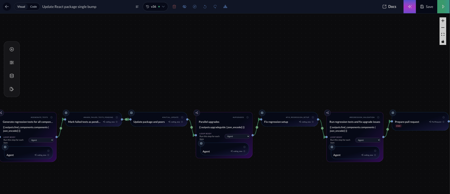 React upgrade automation canvas with validation and pull request handoff